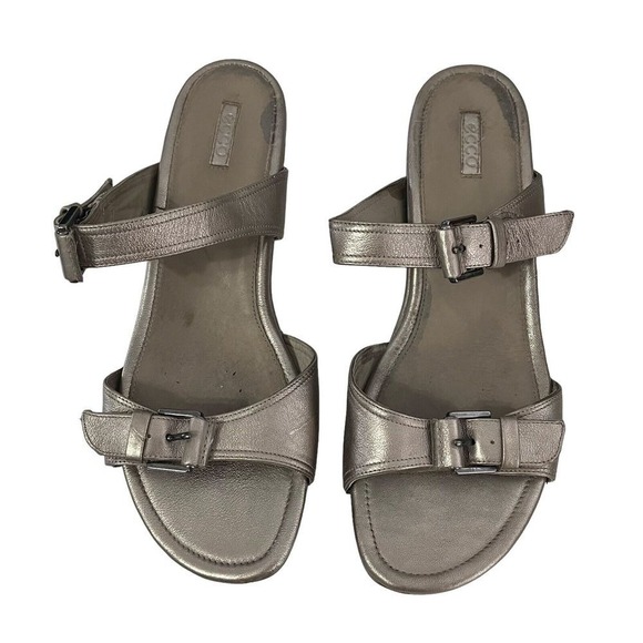 ECCO Metallic Bronze Leather Buckle Strap Wedge Sandals Women Size 40 - Picture 5 of 9